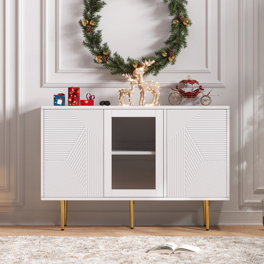Dresser with 3 Doors, with Metal Feet And Glass Doors, White, Dimensions: 120 X 38 X 79.5 Cm