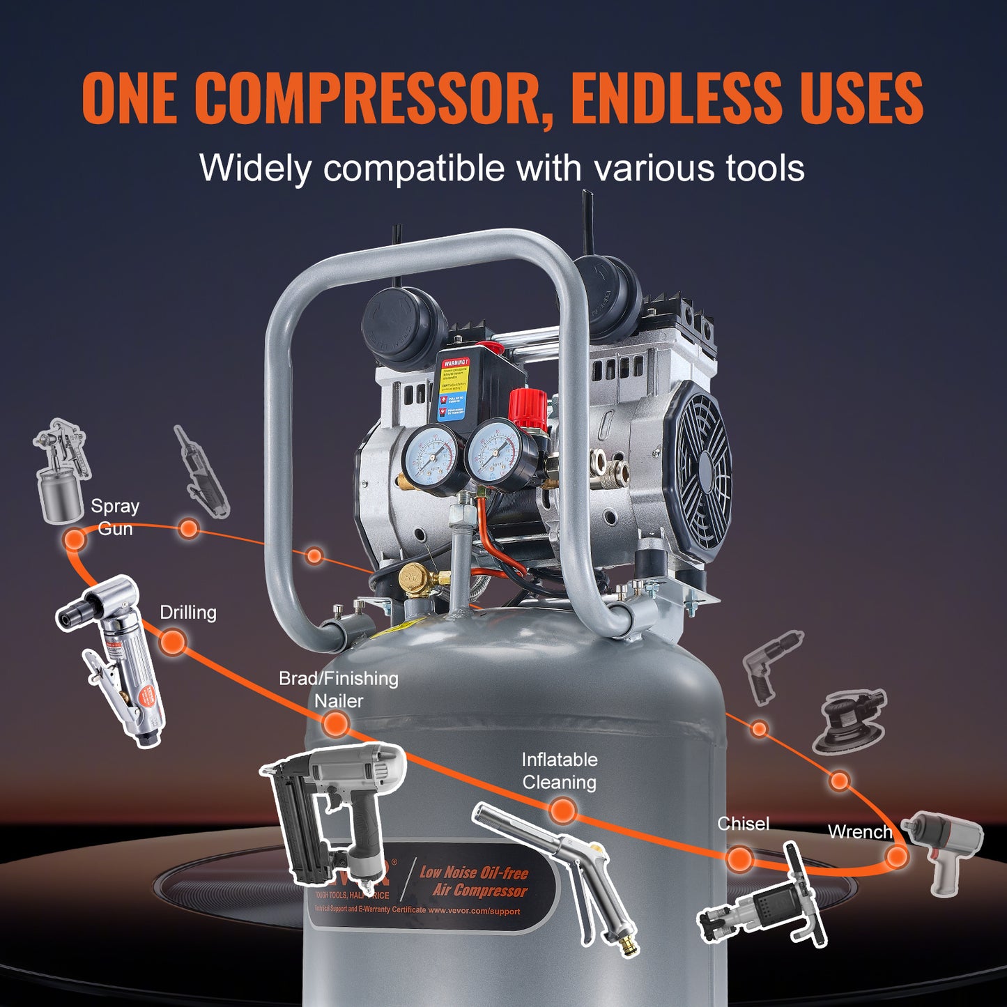 Luchtcompressor – Aircompressor – Compressor – Pneumatische Compressor – 13-Gallon – 2PK Motor – Olievrij – Stil 63 dB