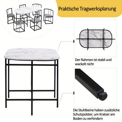 Eettafelset 6 Personen – Dining Table Set – Eetkamerset – Tafeltje Met Stoelen – Restaurantmeubilair – Modern Design – Wit MDF Blad – Zwart Metalen Frame – Comfortabele Grijze Stoelen – Duurzaam & Stevig