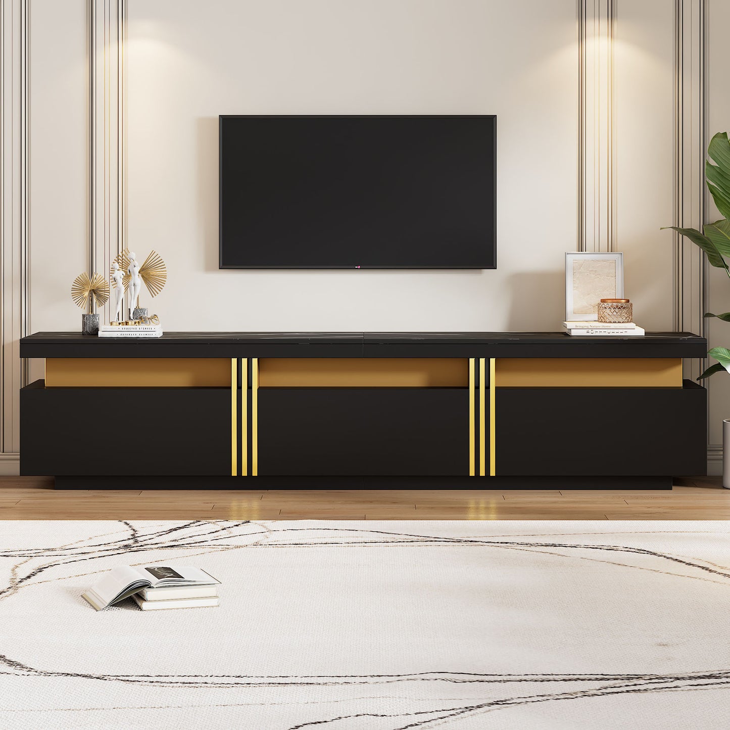 Tv Meubel – TV Meubelkast – TV Dressoir – TV Kast – Lowboard – Marmerlook Blad – 200x40x42 cm – Geschikt voor TV tot 90 inch – 3 Ruime Lades – Kabeldoorvoer – Zwart-Goud Hoogglans