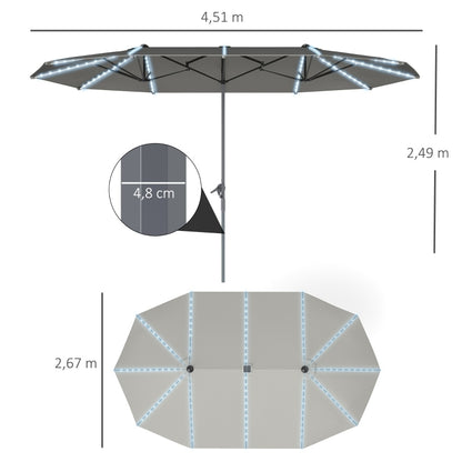 Dubbele Parasol – Tuinparasol – Terrasparasol – XXL Parasol – Buitenparasol – Extra Groot 451x267 cm – Zonne-LED Verlichting – Windbestendig Aluminium Frame – Donkergrijs
