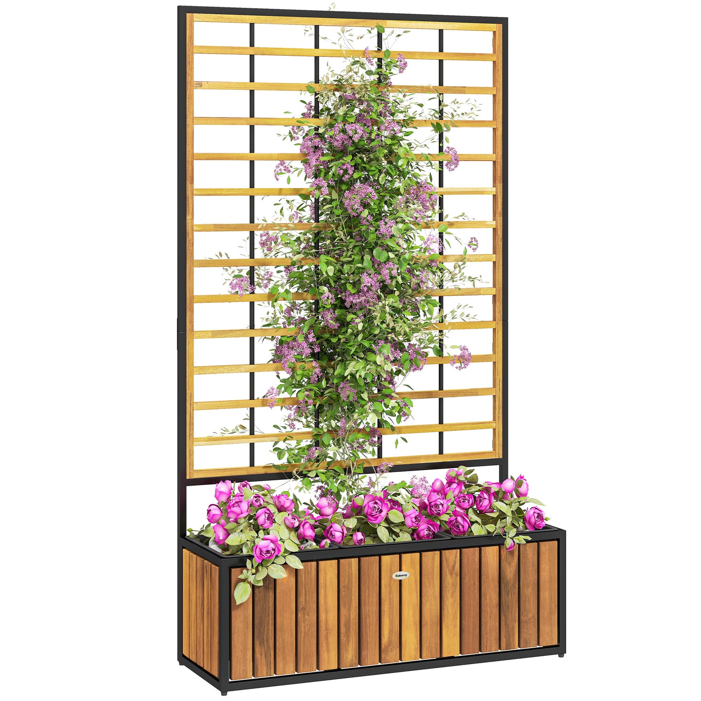 Verhoogde Plantenbak – Tuinbak – Bloembak – Plantenbak Met Klimrek – Balkonbak – Acaciahout En Staal – Drie Plantenvakken Met Drainage – Verstelbare Voeten 74x27x131 cm Teak