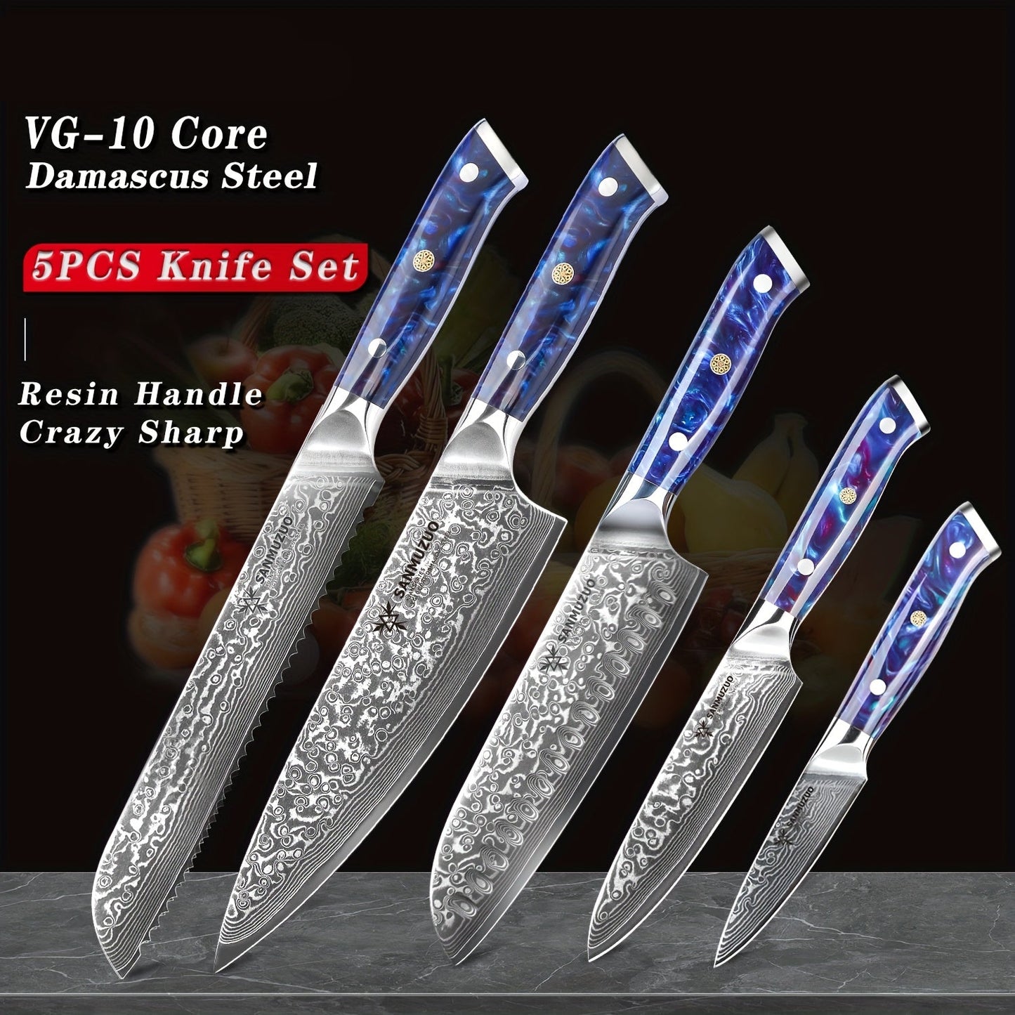 Koksmesset – Messenset – Broodmes – Santokumes – Schilmes – Groen Resin Handvat – VG10 Damascus Staal – 5-delige Set