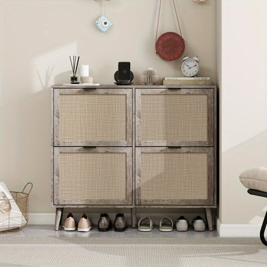 Schoenenkast – Schoenopberger – Schoenenrek – Schoenenkastje – Schoenenmeubel – Retro Grijs – 4 Deuren Met Dubbele Legplanken – Ruimtebesparend Slim Design