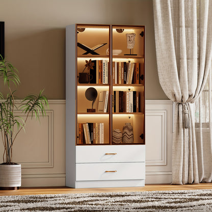 Middelgrote Vitrinekast / Display Cabinet – 75 cm Breed • 2 Grote Laden & 2 Glazen Deuren – Voor Slaapkamer, Woonkamer of Kantoor