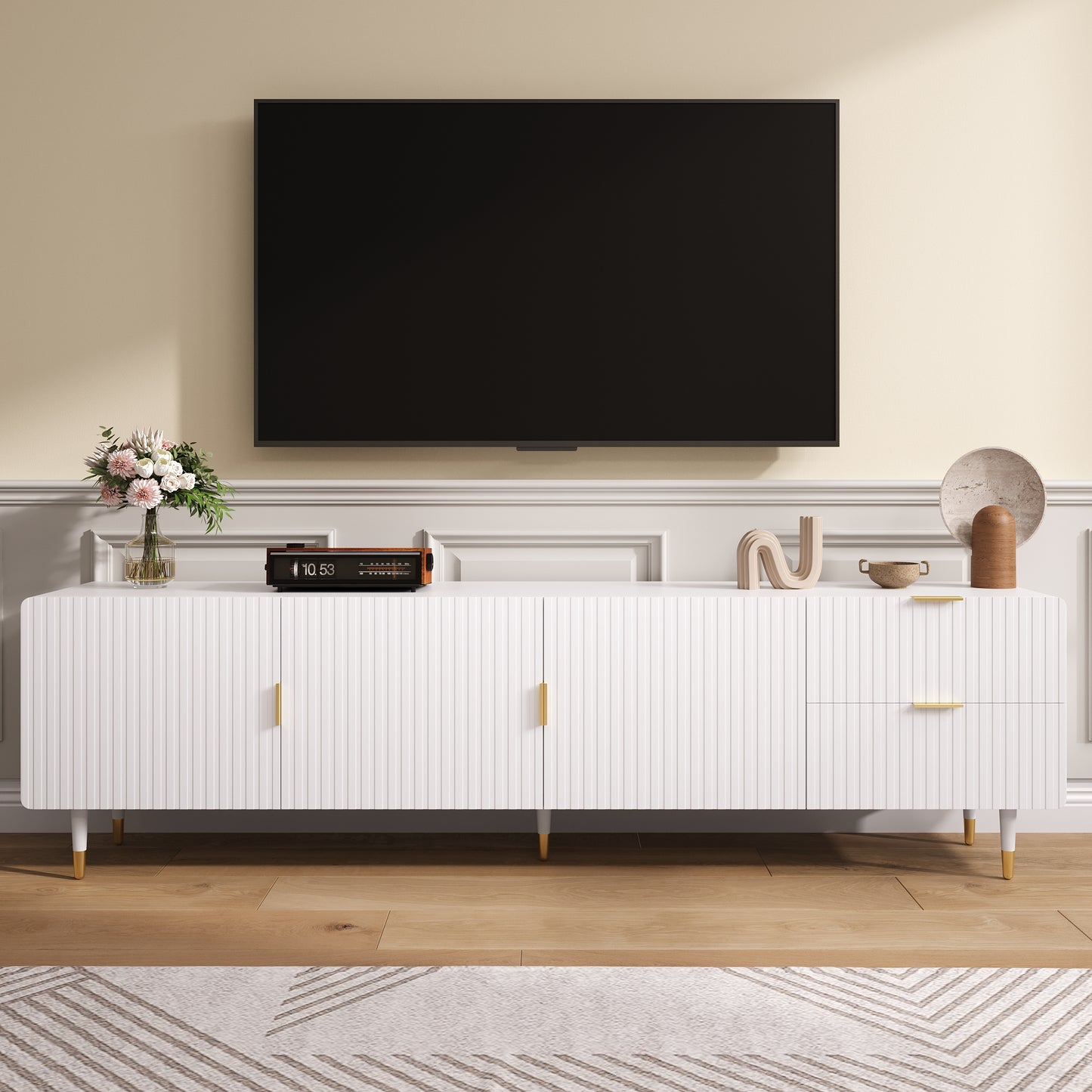 Tv-Meubel – Tv-Kast – Lowboard – Mediamöbel – Dressoir – Wit Met Gouden Accenten – 170x36x55 CM – Veel Opbergruimte Met Softclose Deuren