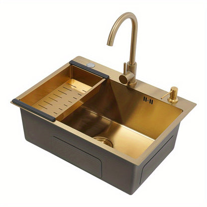 Keukenspoelbak – Spoelbak – Inbouwspoelbak – RVS Spoelbak – Goudkleurige Spoelbak – 60x45 cm – Roestvrij Staal Met Accessoires