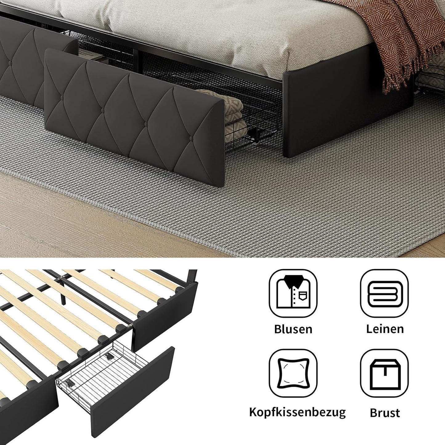 Tweepersoonsbed – Bedframe – Bed – Slaapbed – Ledikant – Donkergrijs – 160x200 cm – 4 Uitschuifbare Laden – Verstelbaar Hoofdbord