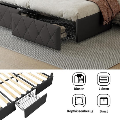 Tweepersoonsbed – Bedframe – Bed – Slaapbed – Ledikant – Donkergrijs – 160x200 cm – 4 Uitschuifbare Laden – Verstelbaar Hoofdbord