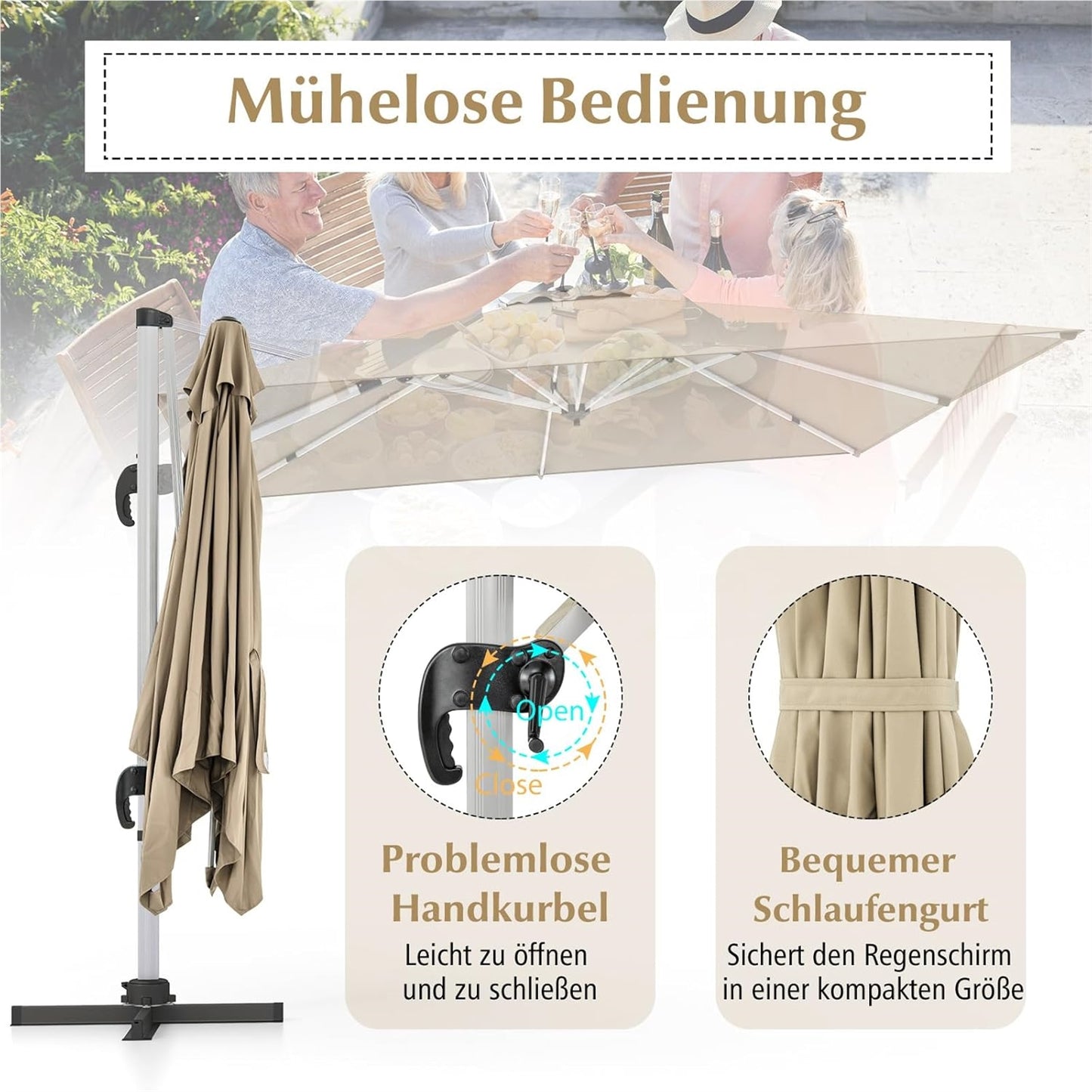 Tuinscherm Parasol – Tuintent Zonnescherm – Terrasparasol – Marktparasol – Beige – 300x300 cm Groot – 360° Draaibaar Met Slingerbediening