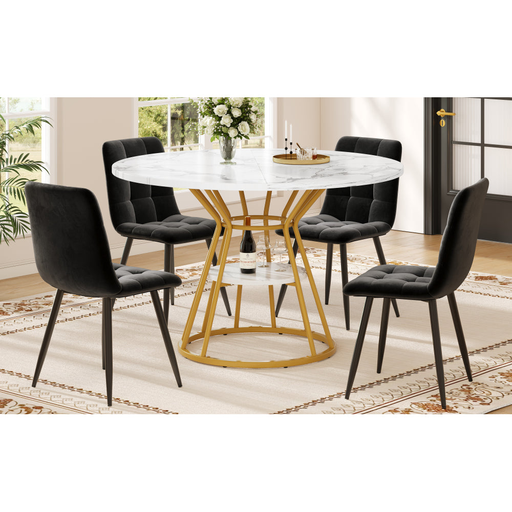 Ronde Eettafel – Ronde Tafel – Eettafel – Moderne Eettafel – Eetkamertafel – Marmerlook Blad – Gouden Metalen Poot – Duurzaam & Onderhoudsvriendelijk – Geen Montage Nodig