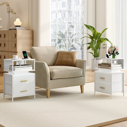 Bedside Table – Nachtkastje – Bijzettafel – Opbergtafel – Side Table – Met 2 Stoffen Laden – Modern Wit – 30x40x60,5 cm