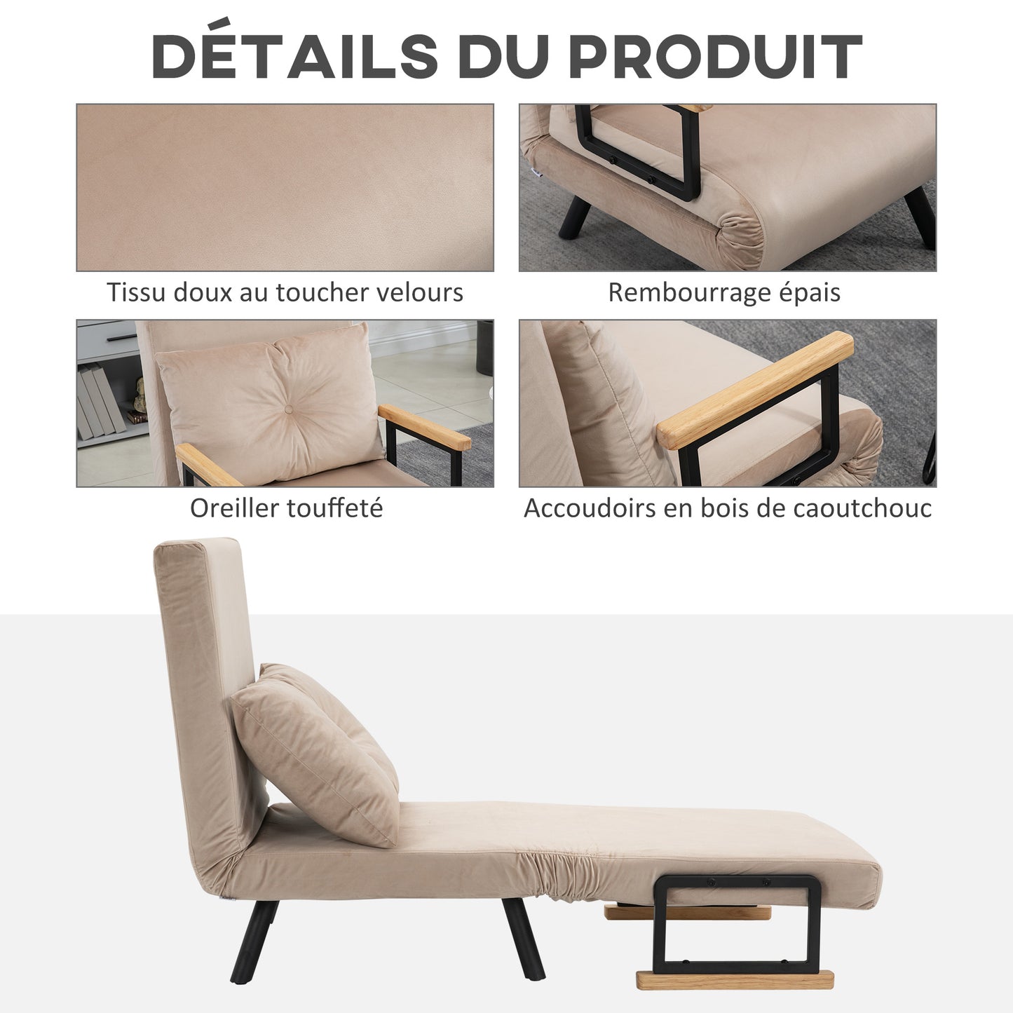 Slaapstoel – Slaapbank – Fauteuil – Vouwbed – Zetelbed – 3-in-1 Functioneel Design – Verstelbare Rugleuning & Eikenhouten Armleuningen – Beige Fluweel