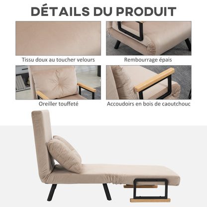 Slaapstoel – Slaapbank – Fauteuil – Vouwbed – Zetelbed – 3-in-1 Functioneel Design – Verstelbare Rugleuning & Eikenhouten Armleuningen – Beige Fluweel