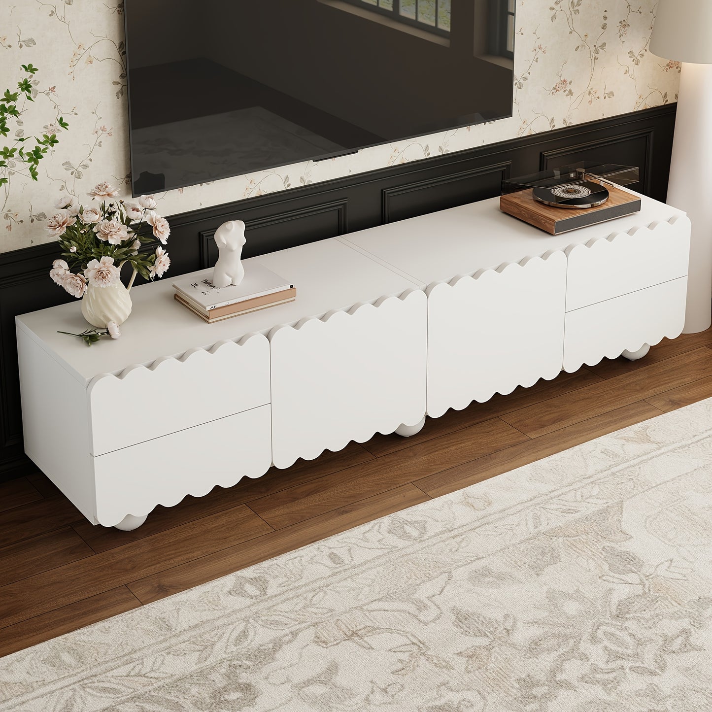 tv meubel – tv kast – tv stand – lowboard – media meubel – wit – modern geschulpte afwerking – bamboe materiaal – 4 lades – 2 kastdeuren – vloerstaand