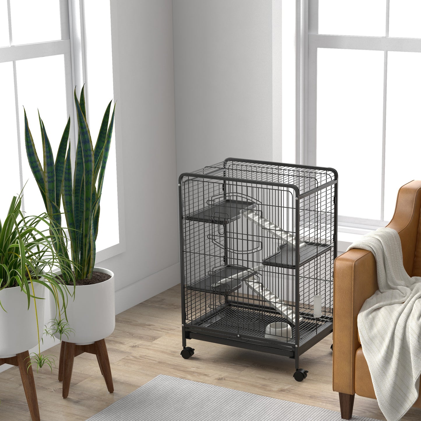 Kleine Dierenkooi – Dierverblijf – Konijnenkooi – Fretkooi – Chinchillakooi – Zwart – Met 3 Platforms – Uitneembare Bodemlade