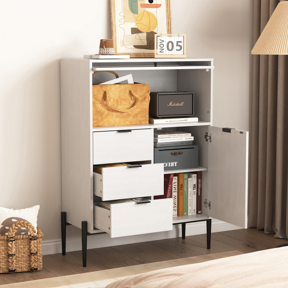 A sideboard featuring three drawers, one door and one glass door, with storage space in the wooden cabinet. Suitable for kitchens, dining rooms and hallways. Dimensions: 85 x 40 x 120 centimetres., Space-Saving Storage Unit,