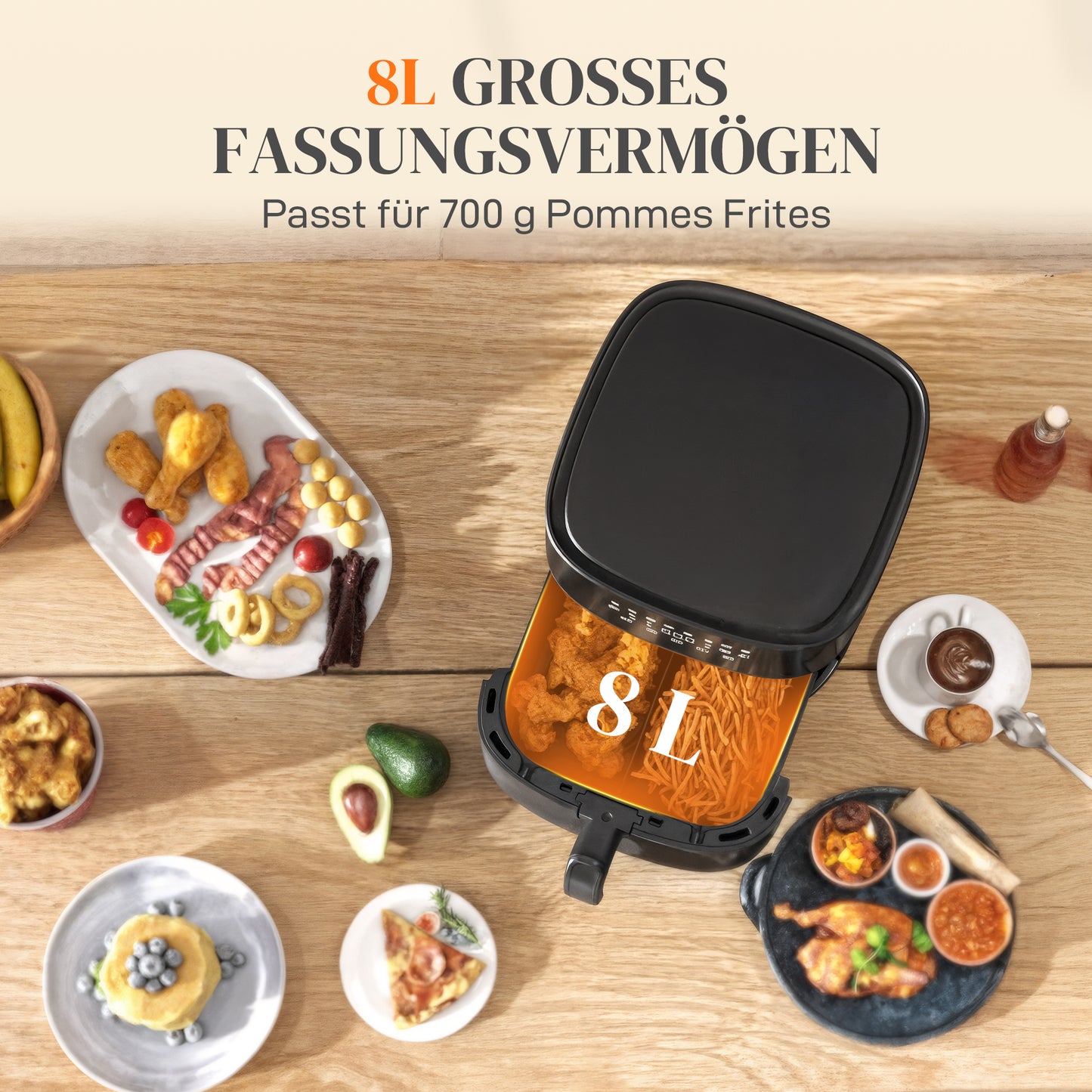 Hot Air Fryer, 8 Programs, 8 Liters, LED Screen, Black