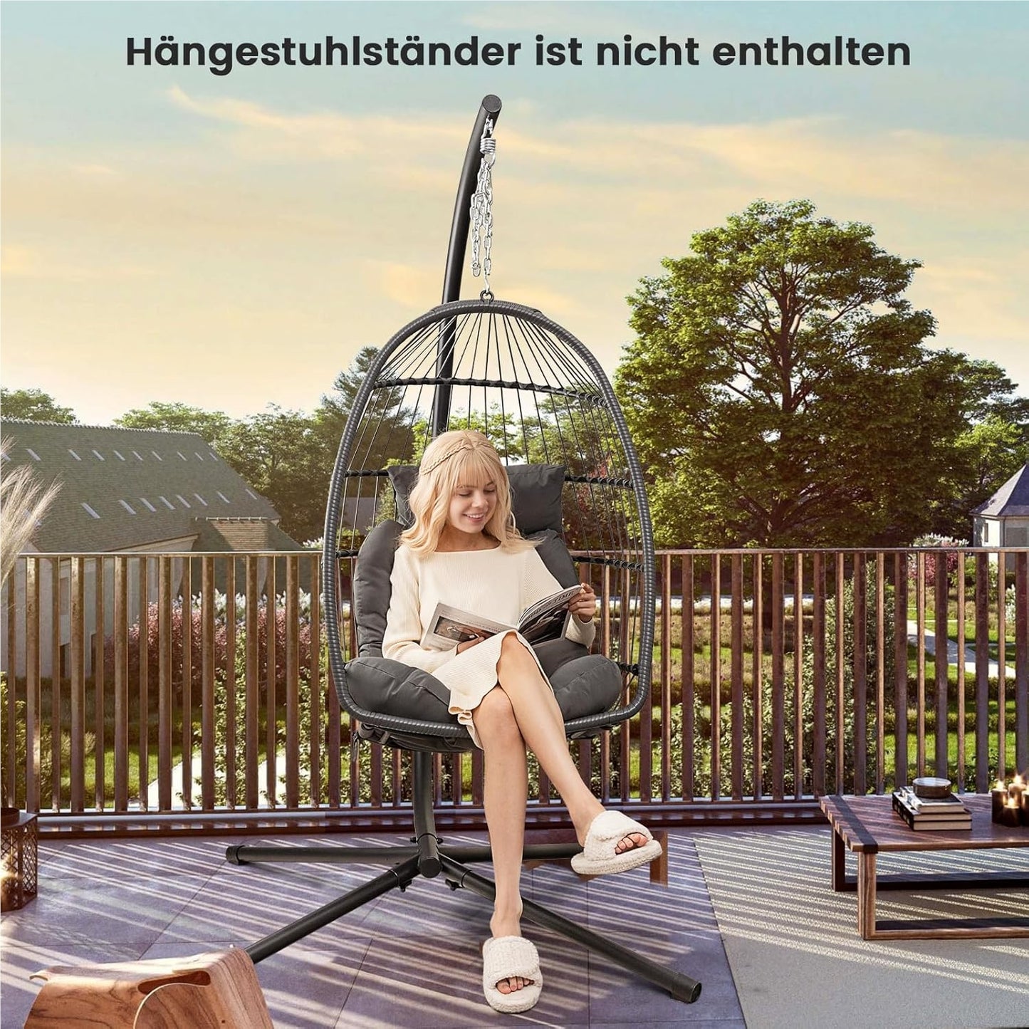 Hangstoel – Hangstoel met Kussen – Hangmatstoel – Schommelstoel – Zitzak – Inklapbaar – PE Rattan – Inclusief Ophangsysteem – Max. 150 kg – Grijs