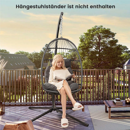 Hangstoel – Hangstoel met Kussen – Hangmatstoel – Schommelstoel – Zitzak – Inklapbaar – PE Rattan – Inclusief Ophangsysteem – Max. 150 kg – Grijs