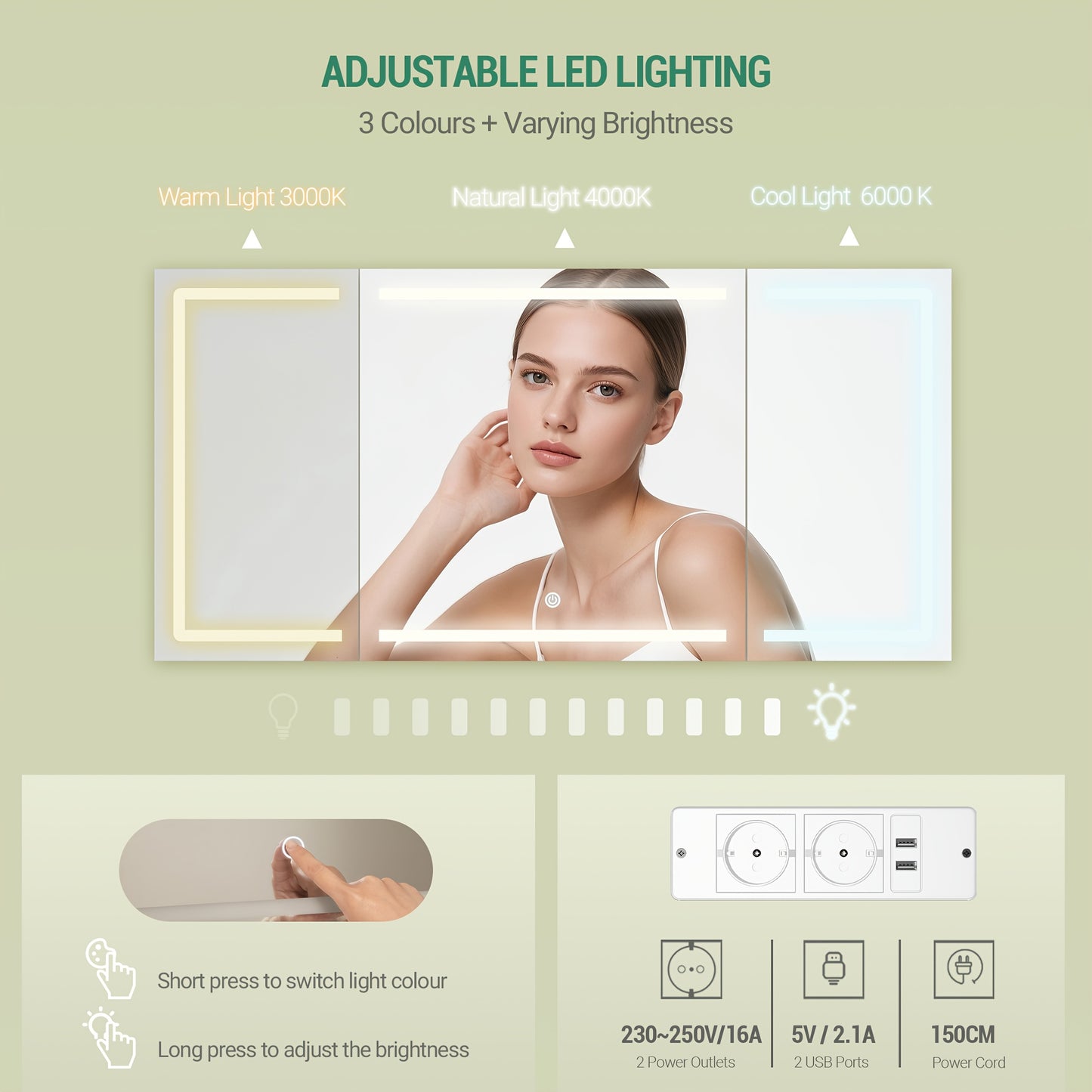 Make-up Tafel – Kaptafel – Beauty Tafel – Schminktafel – Dressing Table – Wit – Grote Spiegel met LED-Verlichting – 8 Lades en Stopcontacten