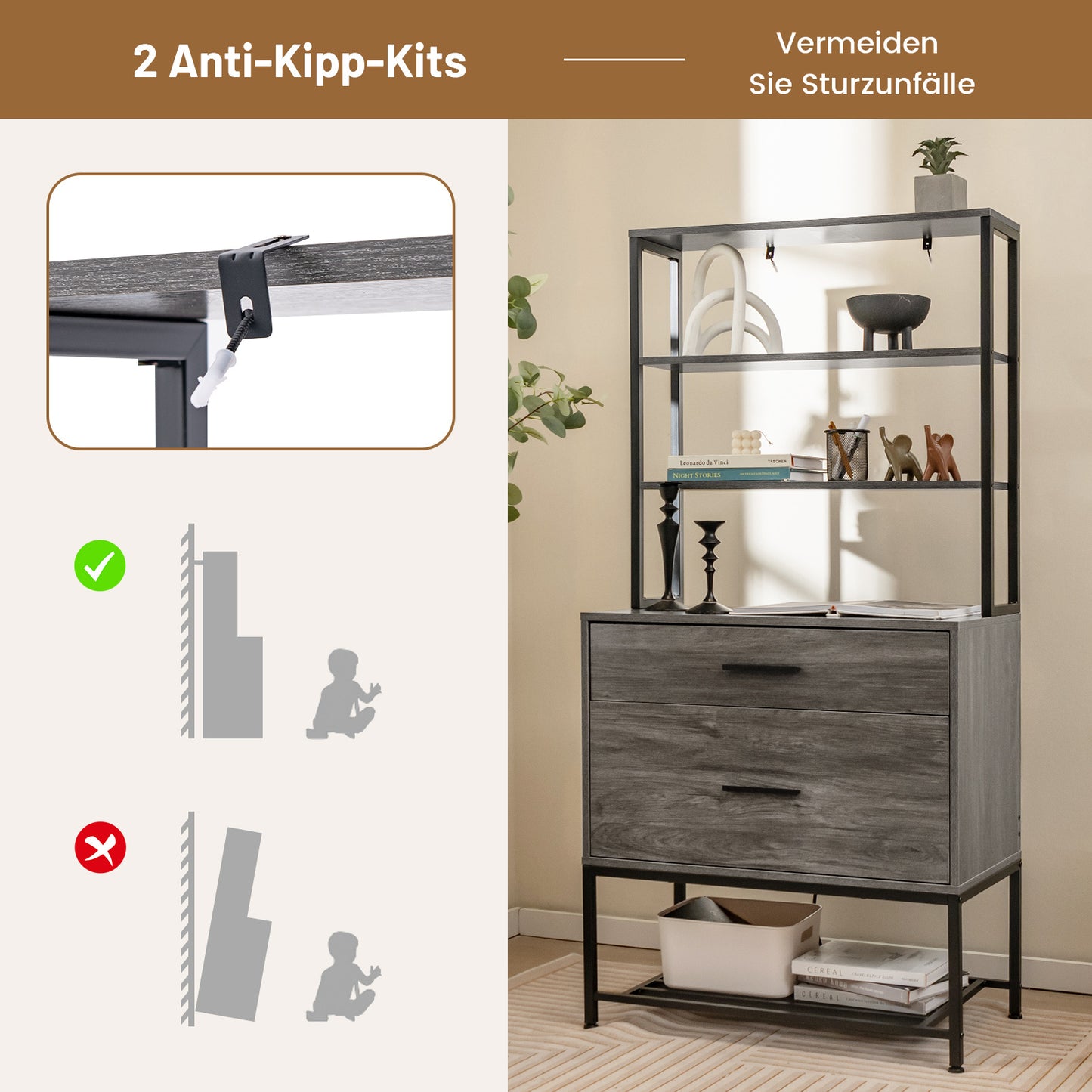 Kantoorkast – Archiefkast – Opbergkast – Boekenkast – Vakkenkast – Industrieel Design – 3 Open Planken & 2 Lades – MDF Met Metaal – 75x40x156 cm – Grijs