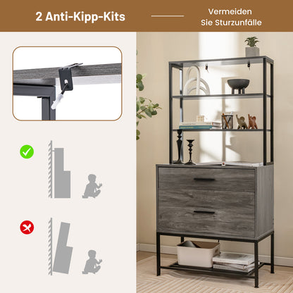 Kantoorkast – Archiefkast – Opbergkast – Boekenkast – Vakkenkast – Industrieel Design – 3 Open Planken & 2 Lades – MDF Met Metaal – 75x40x156 cm – Grijs