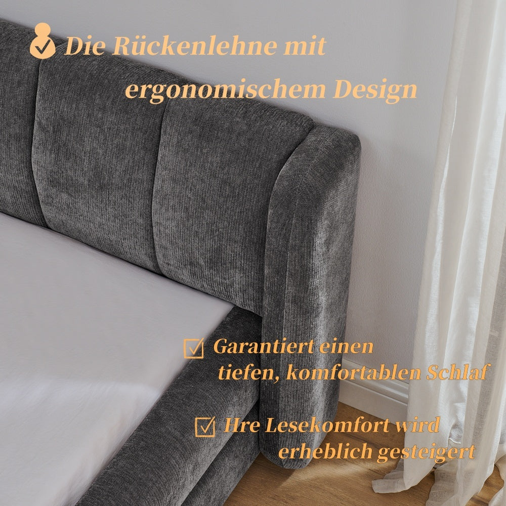 Double bed 160×200cm, chenille fabric, comfortable backrest, solid eucalyptus wood and iron frame, easy to assemble, dark grey/beige (mattress not included), Day Bed With Mattress Included, King Size Bed Frame, Bunk Beds Wit