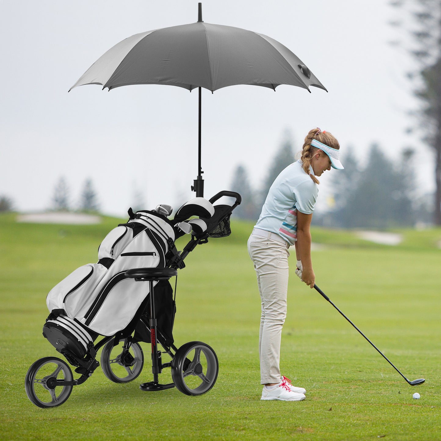 3-Wiel Golf Trolley – Golf Pushcart – Golfkar – Golfwagen – Golf Buggy – Verstelbare Zitting & Handgreep – Lichtgewicht PP Materiaal – Grijs