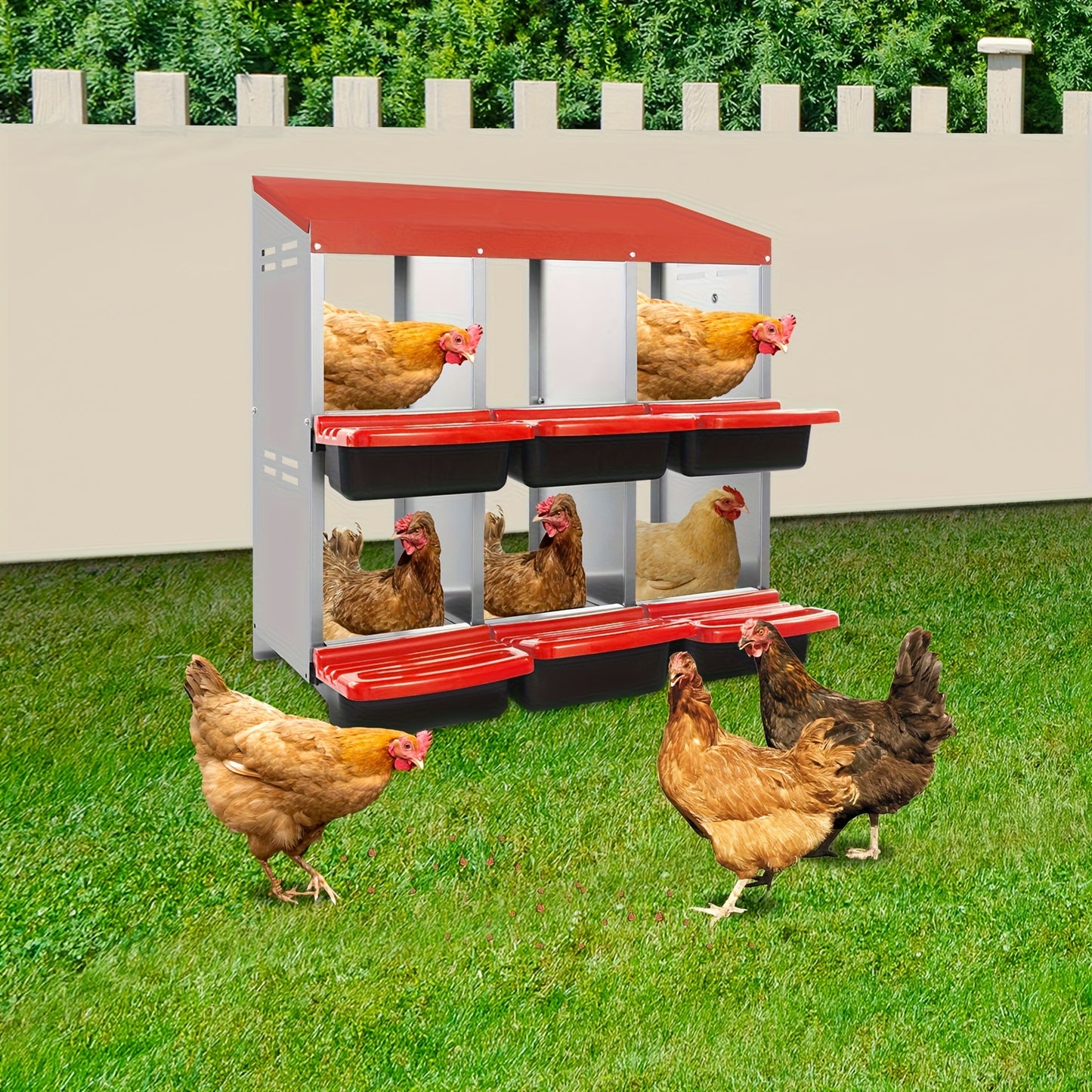 6-Compartment Heavy-Duty Plastic Chicken Nesting Box with Ventilation System & Egg Collection - Red Outdoor/Indoor Egg Laying Station, Easy-Clean Design, No Batteries/Electricity, Durable Weatherproof Construction for Backyar
