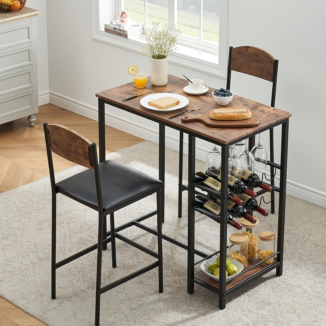 3pcs Bar Table Set for 2 with Footrest Chairs, Kitchen Table with 2 Upholstered Chairs, Dining Table Set with Wine Rack and Storage Shelf, Cup Holder for Kitchen and Dining Room, Small Space, Apartment, Dining Table Set for 2