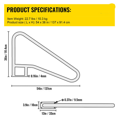 Zwembadleuning – Zwembadrail – Handgreep Zwembad – Zwembadtrap Handvat – 54x36" – Roestvrij Staal 304 – Antislip Nylon Grip