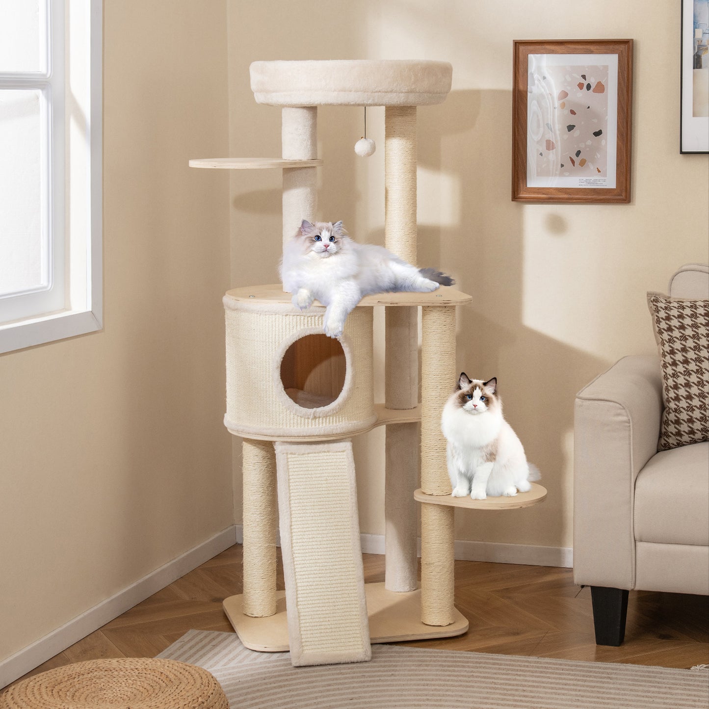 Krabpaal – Kattenboom – Kattenhuis – Kattentoren – Krabmeubel – Houten Krabpaal 143 cm – Sisal Krabpalen en Ladder – Wasbaar Kussen & Hangend Speeltje