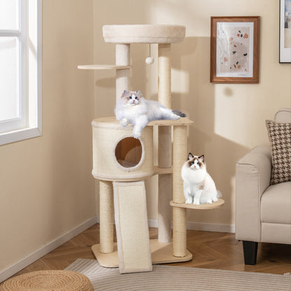 Krabpaal – Kattenboom – Kattenhuis – Kattentoren – Krabmeubel – Houten Krabpaal 143 cm – Sisal Krabpalen en Ladder – Wasbaar Kussen & Hangend Speeltje