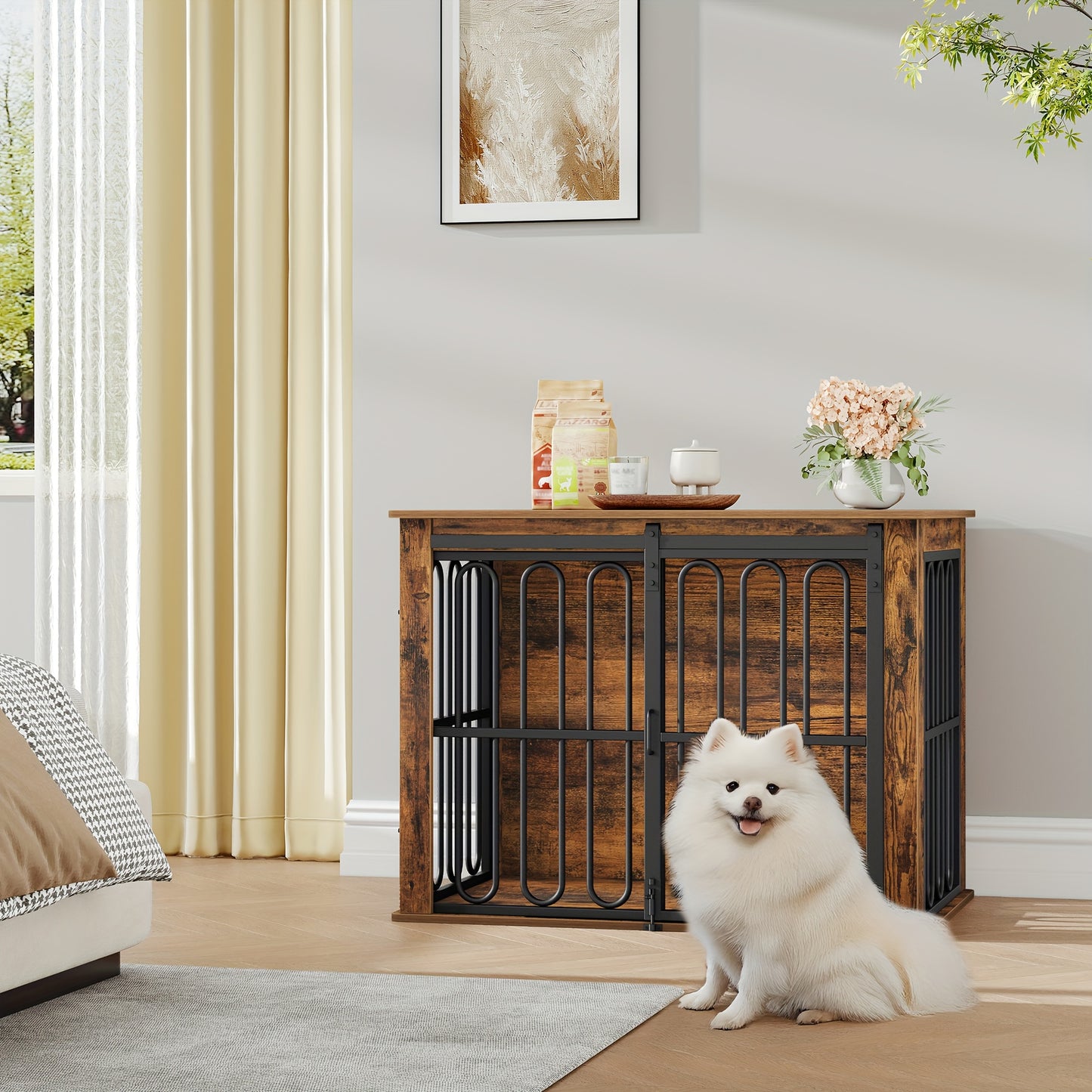 Hondenbench – Hondenkooi – Hondenhok – Hondenrek – Huisdier Bench – Met Zijtafel – Dubbele Deuren – Geschikt Voor Kleine en Middelgrote Honden – Wit Met Houtlook – Stevig Metaal en Waterbestendig Spaanplaat
