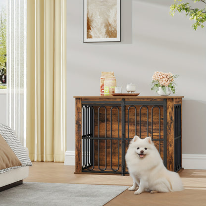Hondenbench – Hondenkooi – Hondenhok – Hondenrek – Huisdier Bench – Met Zijtafel – Dubbele Deuren – Geschikt Voor Kleine en Middelgrote Honden – Wit Met Houtlook – Stevig Metaal en Waterbestendig Spaanplaat