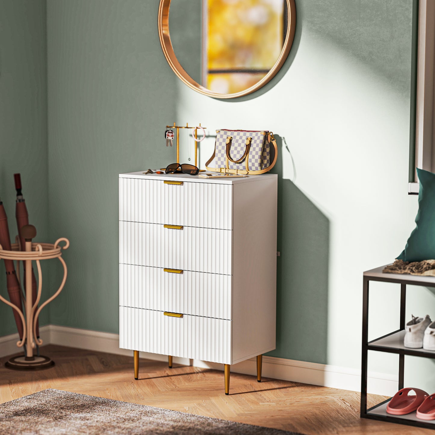 Ladekast – Ladenkast – Commode – Opbergkast – Dressoir – Modern Design – 4 Ruime Lades – MDF Wit Met Gouden Details – 60x40x96 cm