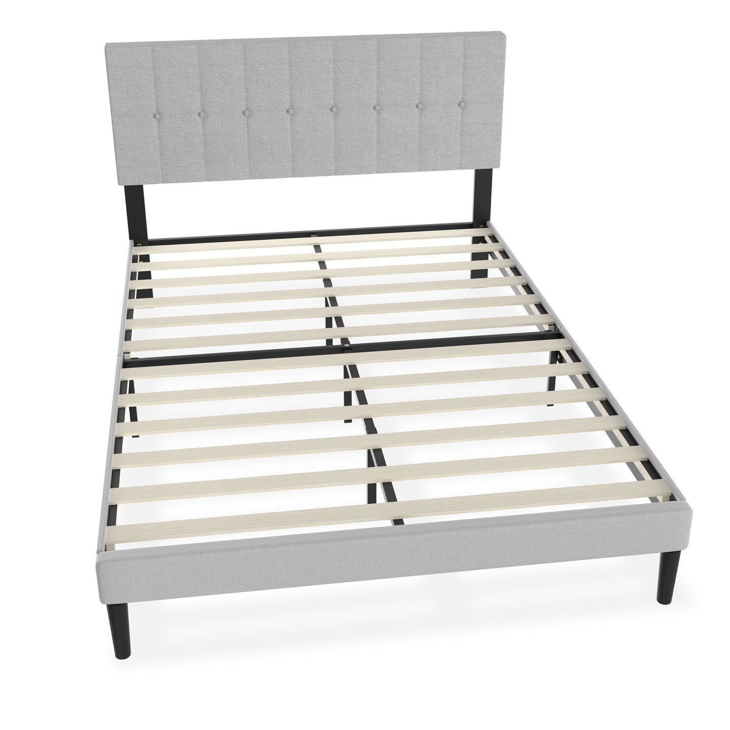 Bedframe – Logeerbed – Staalbed – Eenpersoonsbed – Tweepersoonsbed – Linnen Hoofdbord – 12 Latten – Max 300 kg – Lichtgrijs – 140x200 cm