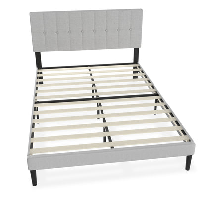 Bedframe – Logeerbed – Staalbed – Eenpersoonsbed – Tweepersoonsbed – Linnen Hoofdbord – 12 Latten – Max 300 kg – Lichtgrijs – 140x200 cm