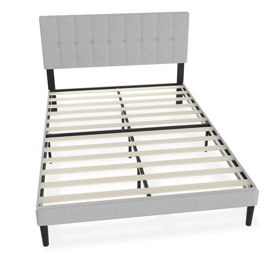 Bedframe – Logeerbed – Staalbed – Eenpersoonsbed – Tweepersoonsbed – Linnen Hoofdbord – 12 Latten – Max 300 kg – Lichtgrijs – 140x200 cm