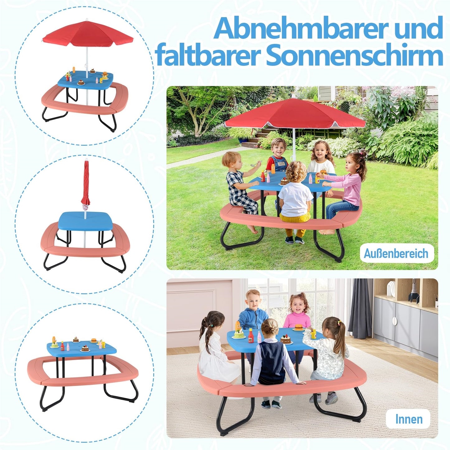 Speelset – Kindertuinset – Picknicktafel – Buitenspeelset – Kinderzitgroep – Voor 8 Kinderen – Verstelbare Parasol – Weerbestendig HDPE Materiaal