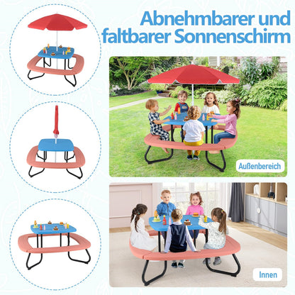 Speelset – Kindertuinset – Picknicktafel – Buitenspeelset – Kinderzitgroep – Voor 8 Kinderen – Verstelbare Parasol – Weerbestendig HDPE Materiaal