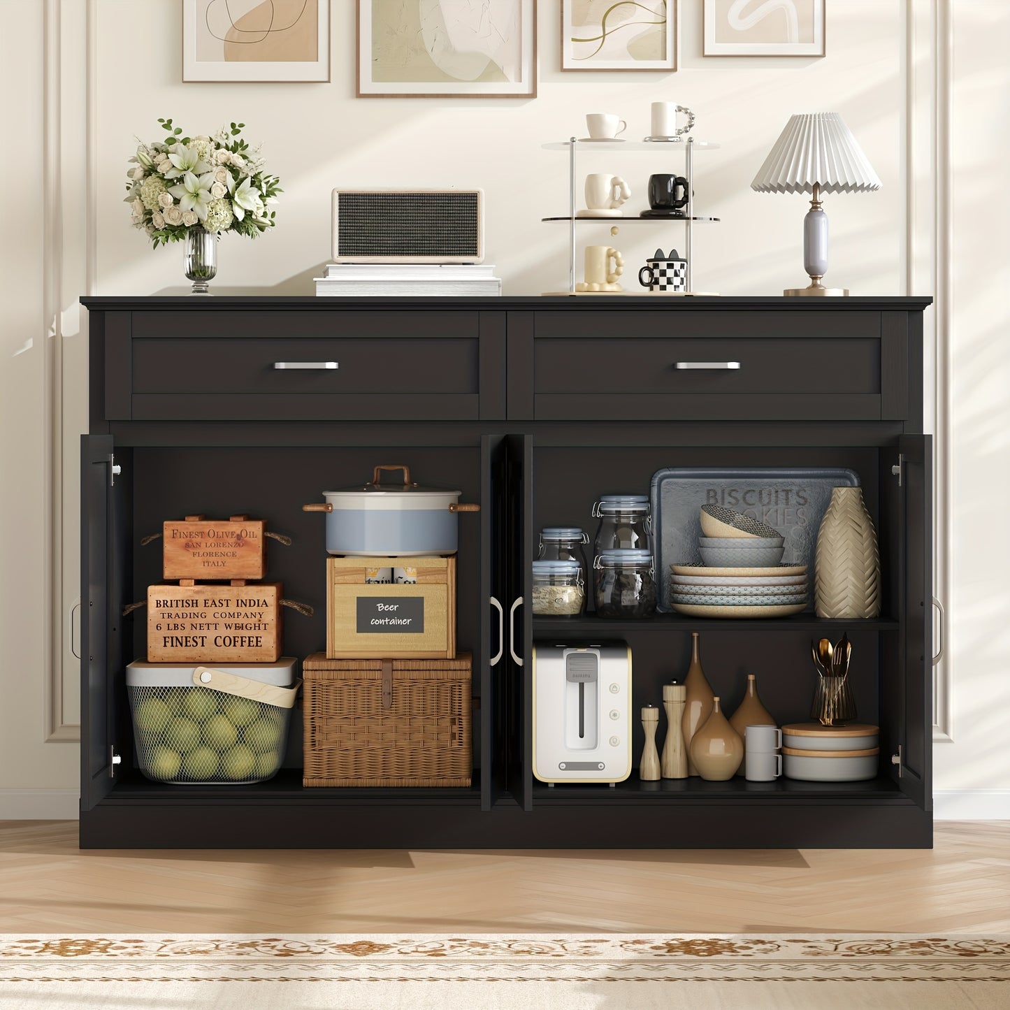 Dressoir – Opbergkast – Ladekast – Buffetkast – Kast – Zwart Hout – Grote Opbergruimte – Modern Design