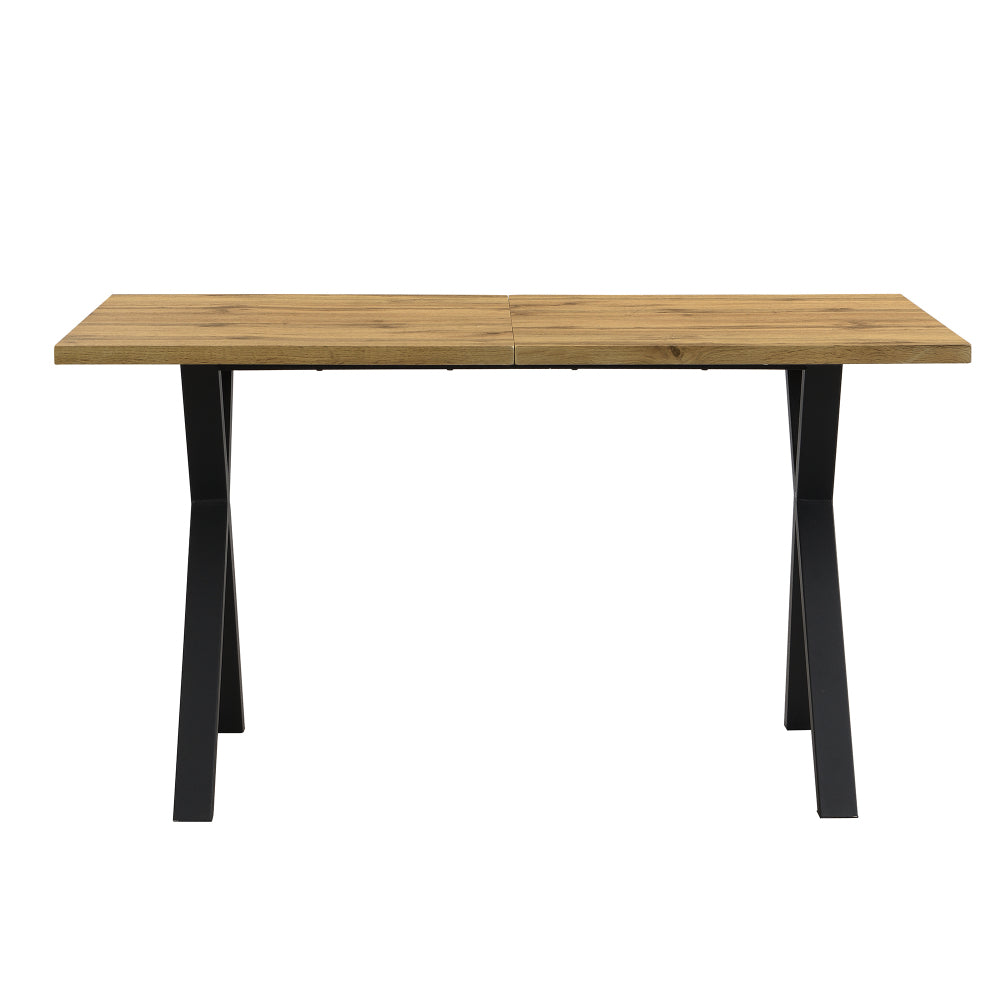 Durable and sturdy dining table with cross-leg design, rectangular shape, modern minimalist wrought iron dining table, 140*80*76cm, suitable for dining room, living room, hallway, color is natural wood.