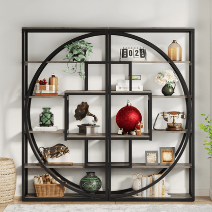 70-Inch Tall Industrial Modern Bookcase with 8 Shelves - Heavy-Duty Wood & Black Metal Frame, Curved Back Panel Design, White/Painted - Sturdy -Standing Storage Unit for Home Office, Living Room, Display Shelving (Assembly Re