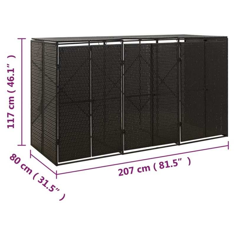 Afvalbak Buiten – Vuilnisbak Tuin – Afvalcontainer Recycling – Prullenbak Buiten – Grote Afvalbak 3 Compartimenten – Weerbestendig PE-Rattan – Afmeting 207x80x117 cm