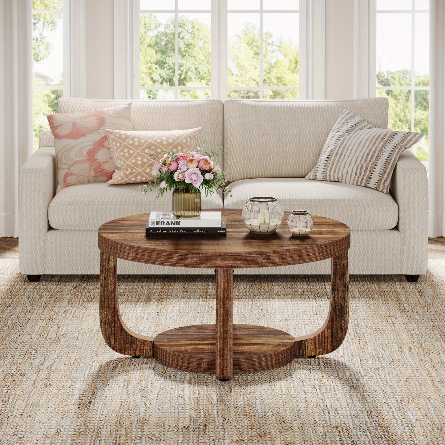 Ronde Salontafel – Moderne Koffietafel – Bijzettafel – Woonkamer Tafel – Opbergtafel – 2-Laags Ontwerp – Stevig Massief Hout