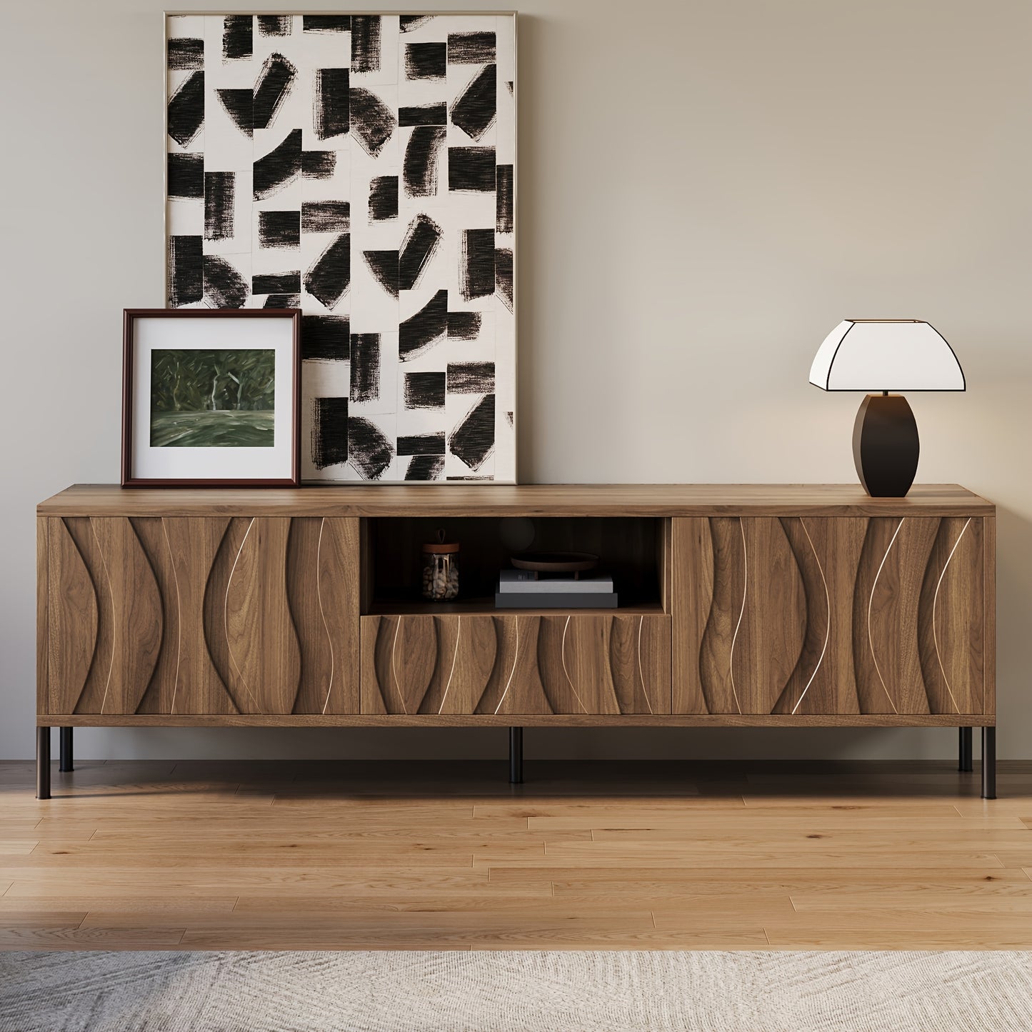 TV-meubel – TV-kast – Lowboard – Dressoir – Media meubel – 3D Gestreept – Bamboe – Laag Ontwerp – Vloerplaatsing