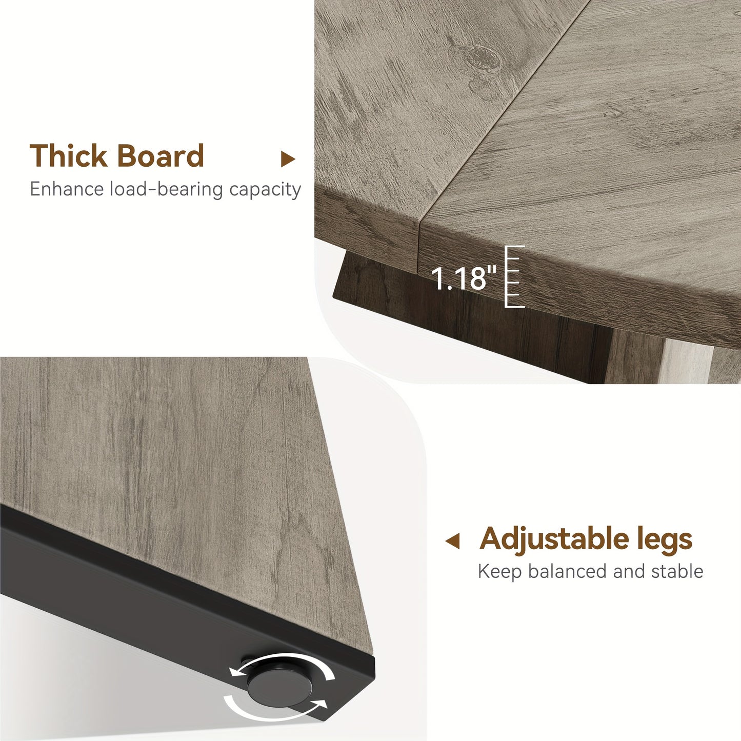 Ronde Eettafel – Eetkamertafel – Tafel Rond – Hardhouten Tafel – Eettafel Grijs – Massief Houten Tafelblad – Verstelbare Antislip Pootdoppen – 120 cm Diameter – 75 cm Hoogte – Stabiel Met Metalen Beugels