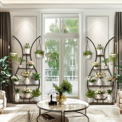 Plantenhouder – Plantenrek – Bloemenstandaard – Plantenrekje – Plantenrek Binnen – 5 Lagen – Metaal Met Houten Planken – Vaasvorm – Voor Woonkamer & Balkon – Bruin